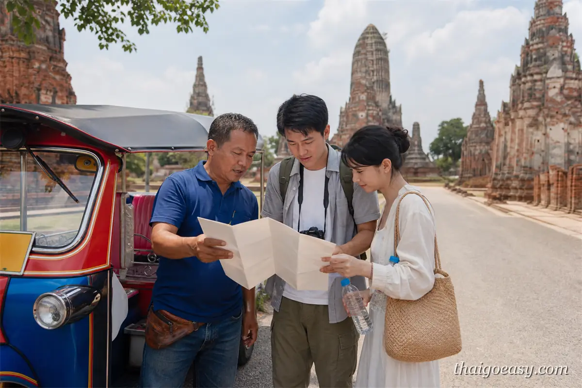 大城遺跡旁，嘟嘟車司機攤開紙本地圖與兩名旅客討論路線，左側停著紅藍色嘟嘟車