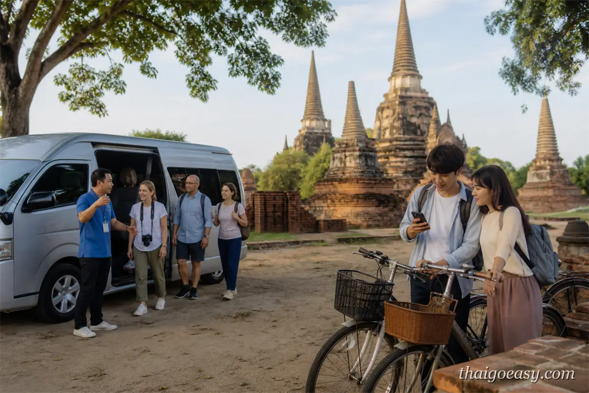 大城遺跡前，左側導遊帶著旅客從銀色小巴下車，右側一對旅客牽著租來的腳踏車看手機
