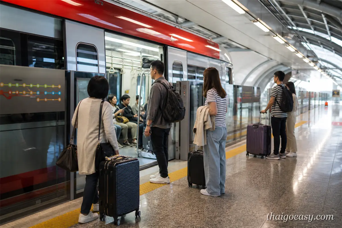 素萬那普機場快線 ARL 月台旅客帶行李準備上車