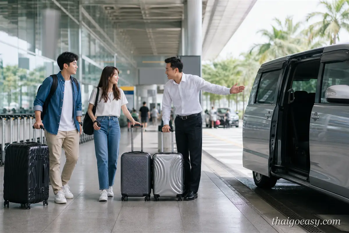 曼谷機場接送 司機在航廈外接待旅客上廂型車