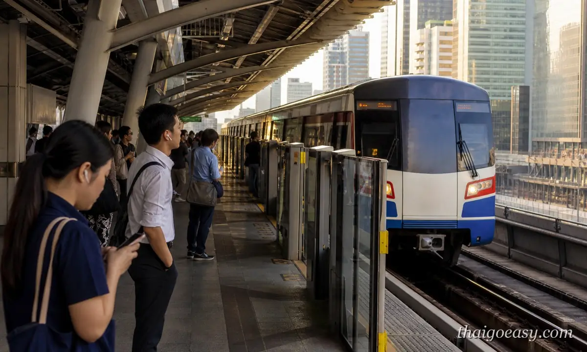 曼谷 BTS 空鐵月台上等車的乘客與進站列車