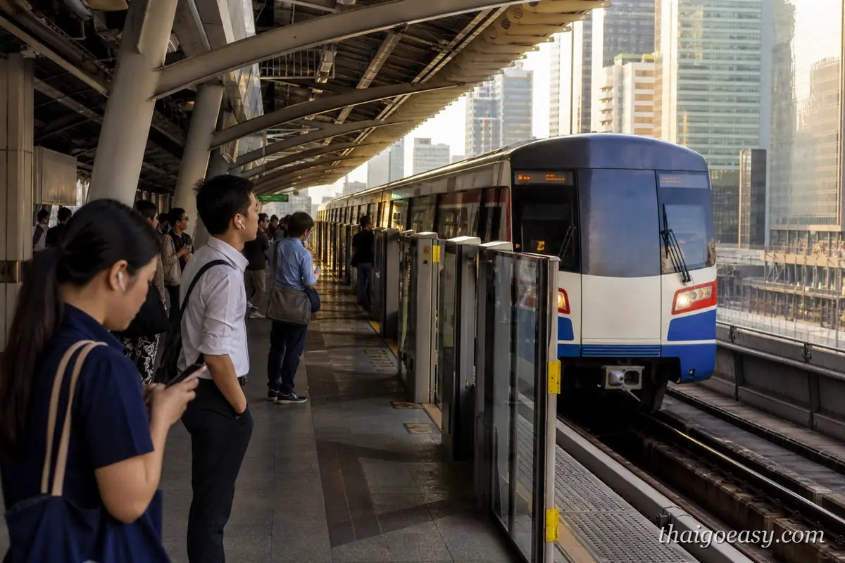 曼谷 BTS 空鐵月台上等車的乘客與進站列車