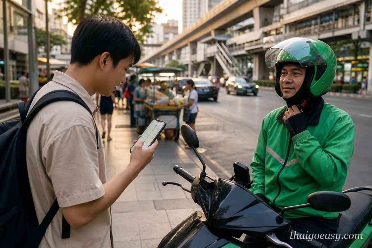曼谷街頭旅客用手機核對 Grab 機車司機資訊