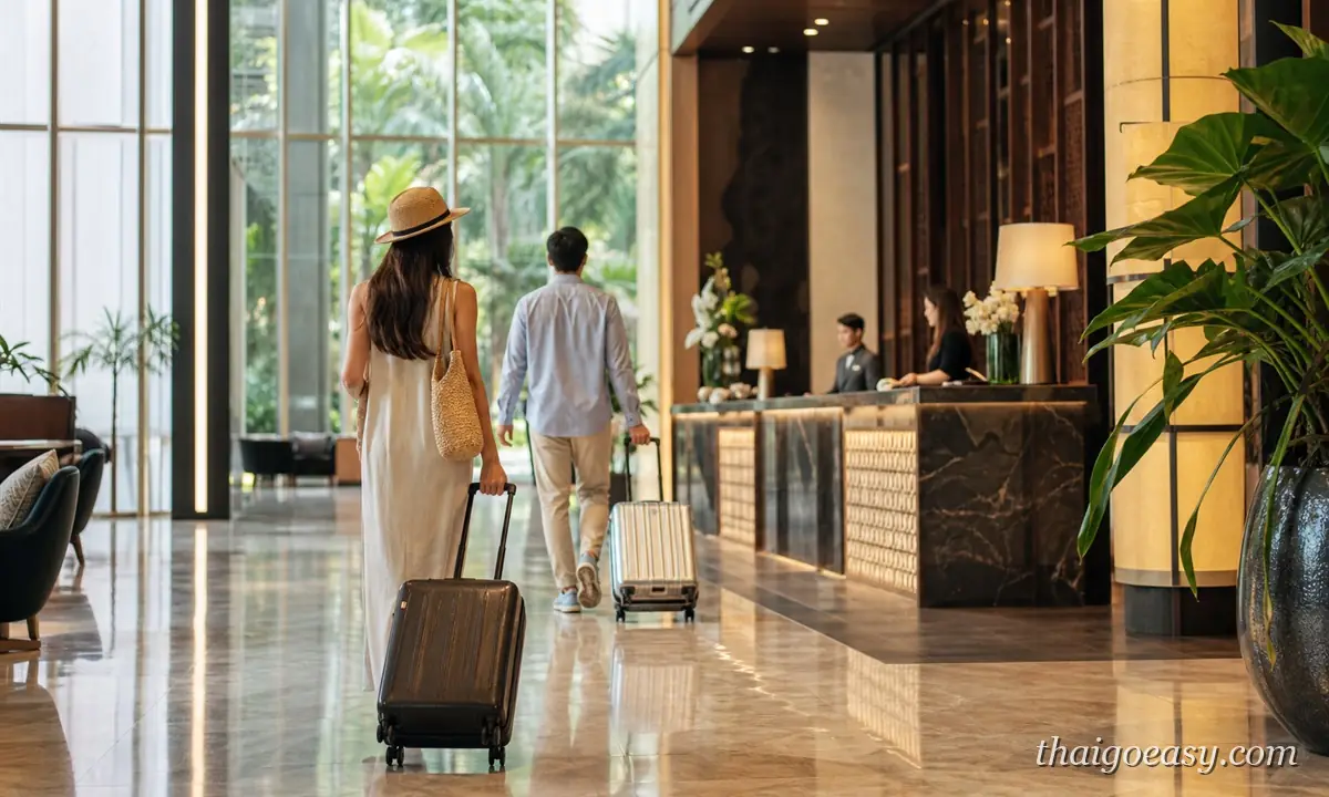 一對旅客拖著行李箱走進曼谷飯店大廳，前方是接待櫃檯與服務人員，落地窗外是綠植
