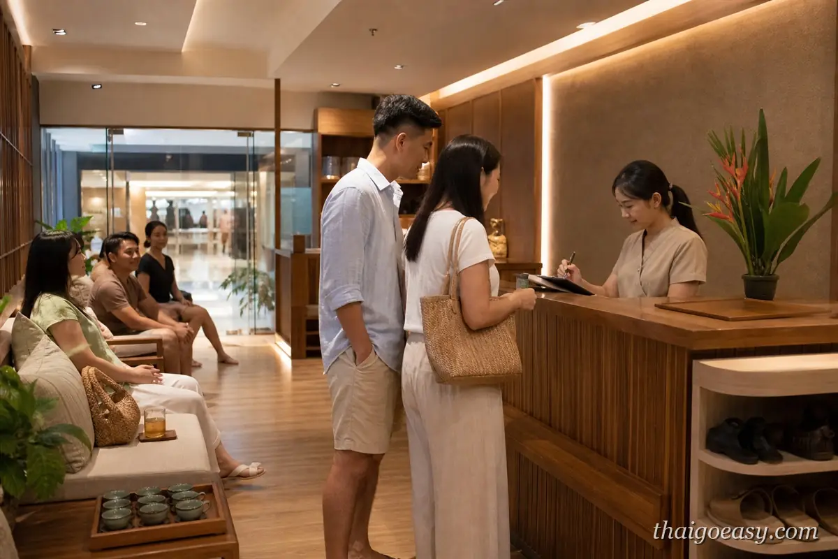 曼谷連鎖按摩品牌的接待櫃檯，工作人員為旅客辦理報到