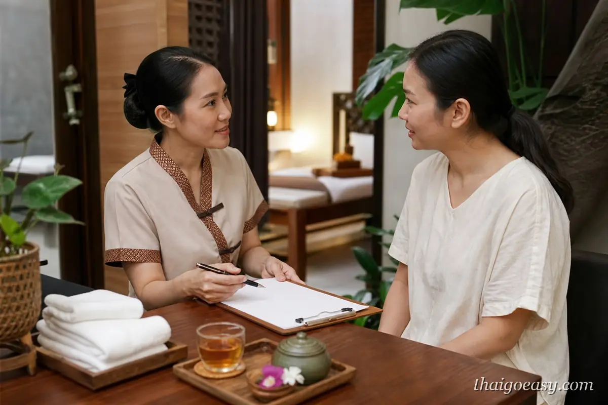 曼谷按摩店的按摩師拿著健康問卷與客人確認身體狀況
