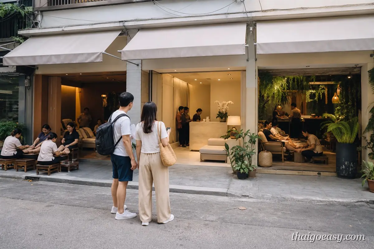 曼谷街邊按摩店與精緻連鎖店比鄰而立，旅客站在店門口比較