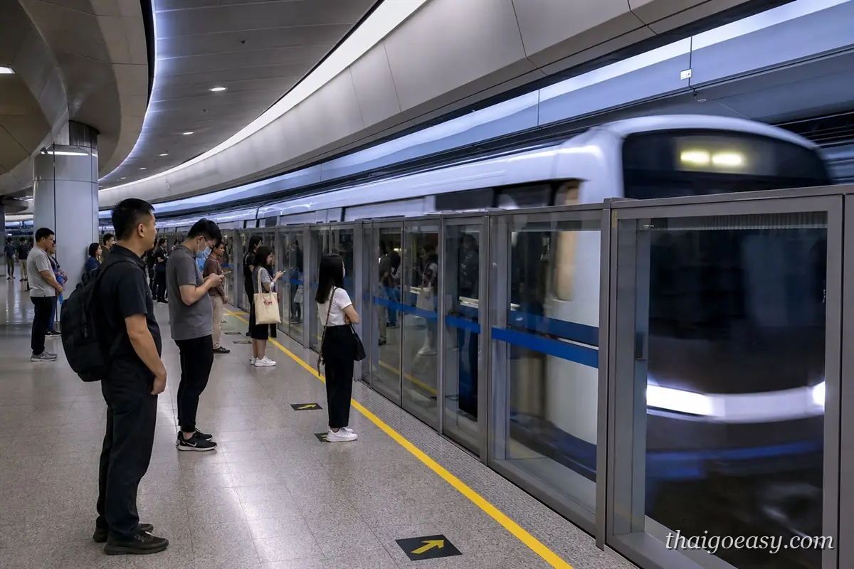 曼谷 MRT 地下月台的月台門與進站列車