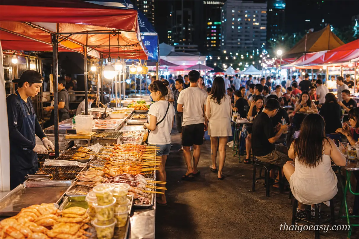 曼谷夜市小吃攤位與逛街人潮