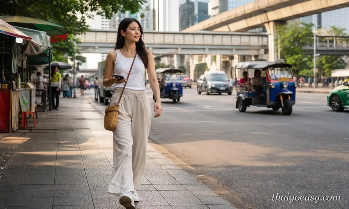 亞洲女生獨自走在曼谷街道上，背景是 BTS 高架與嘟嘟車