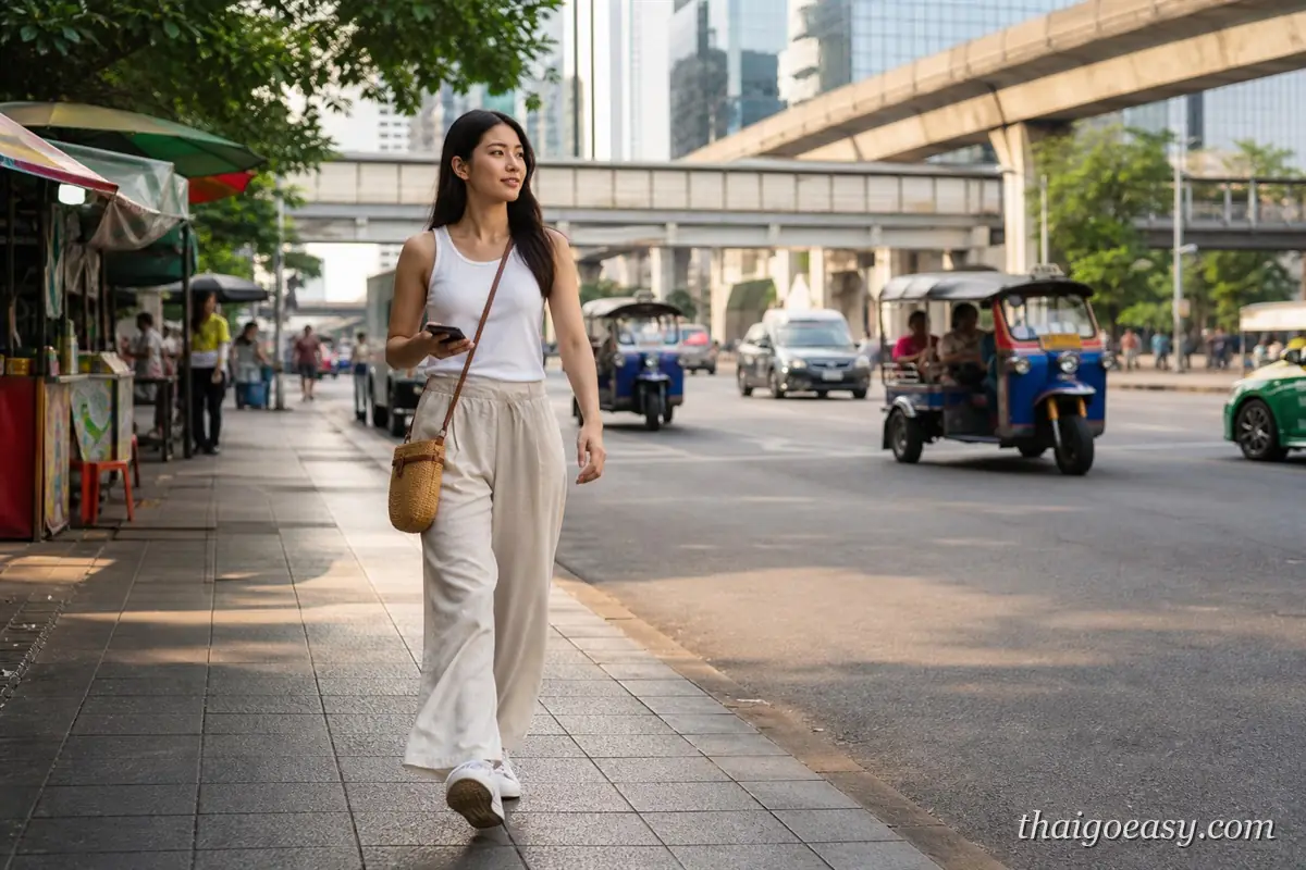 亞洲女生獨自走在曼谷街道上，背景是 BTS 高架與嘟嘟車