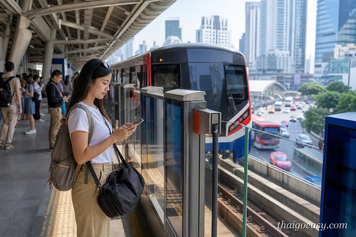 女性旅客獨自在曼谷 BTS 月台等車並查看手機