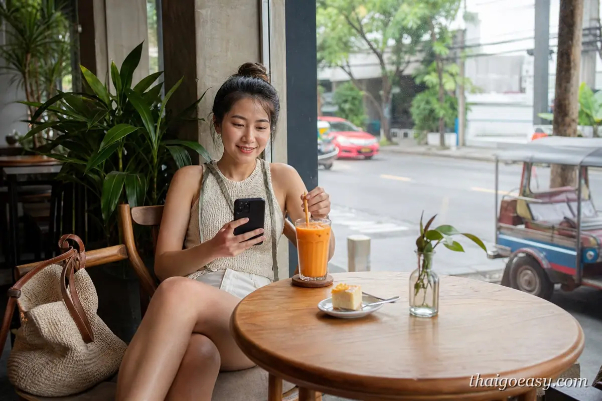 女性旅客獨自在曼谷咖啡廳喝泰式奶茶休息