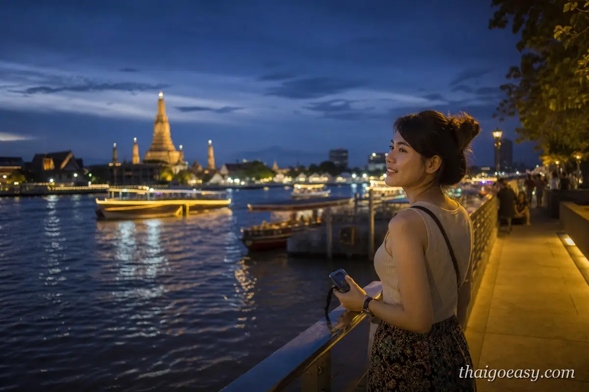女性旅客獨自在昭披耶河畔看鄭王廟夜景