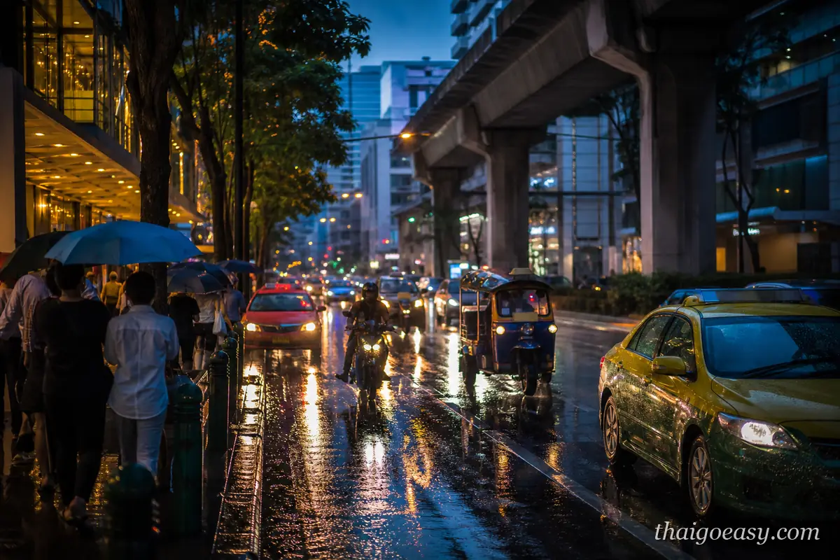 曼谷雨中街景：BTS 高架下濕亮的路面、計程車與嘟嘟車車燈倒影、人行道上撐傘的人群