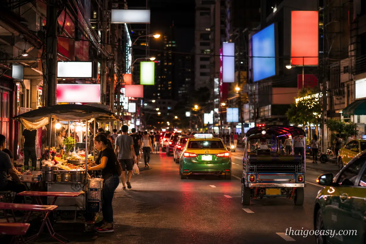 曼谷深夜霓虹街道 紅眼班機抵達後的市區交通