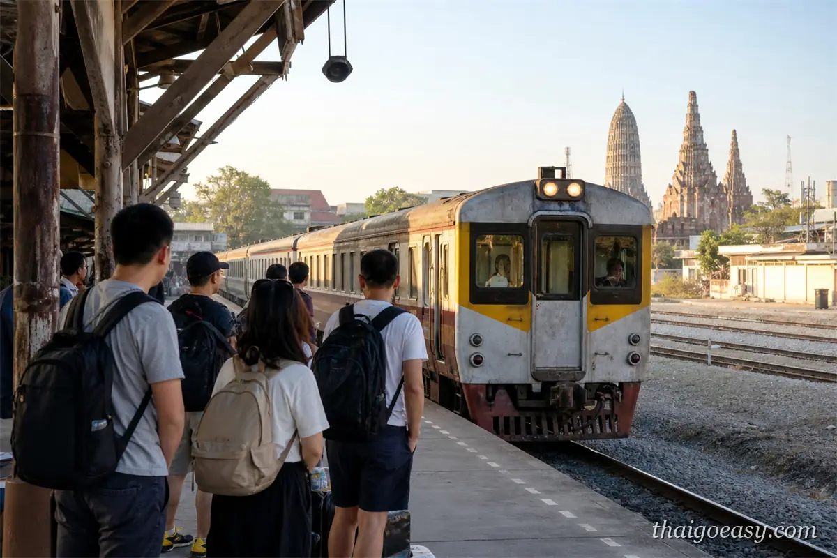 大城車站月台上背著背包的旅客等車，泰國國鐵柴聯車正在進站，遠方可見高棉式佛塔尖頂