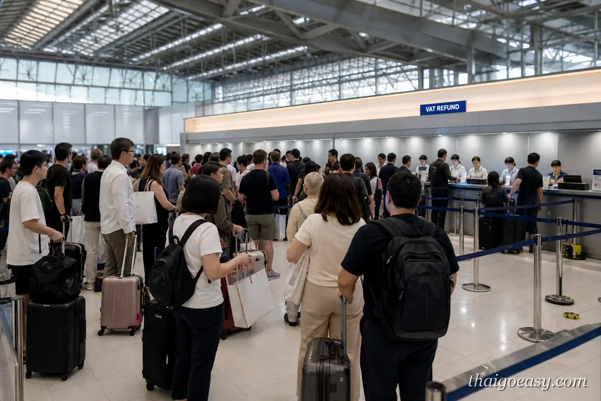 曼谷機場 VAT REFUND 退稅櫃檯前排隊的旅客人潮，隊伍延伸到動線外