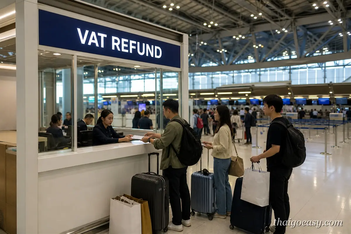素萬那普機場出境大廳的 VAT REFUND 退稅櫃檯，旅客帶著行李與購物袋辦理泰國退稅
