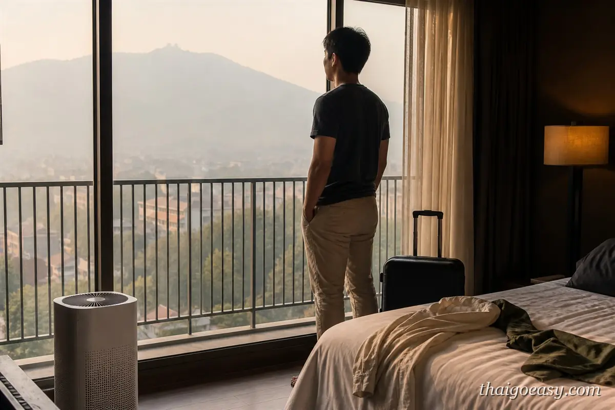 旅客在清邁飯店房內看向被燒芭季霧霾遮住的山景，窗邊放著空氣清淨機