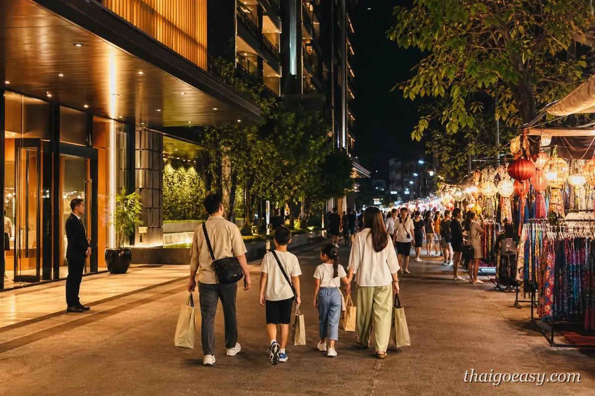 一家人提著購物袋走過清邁長康路的國際連鎖飯店門口，右側是夜市攤位