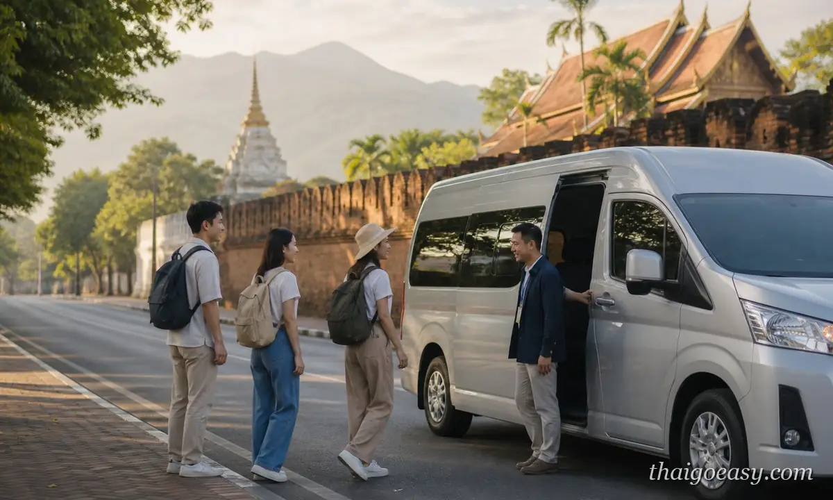 清晨的清邁古城牆邊，三名背背包的旅客準備上白色廂型車，司機拉開側門迎接，背景是古城牆、金色佛塔與遠山