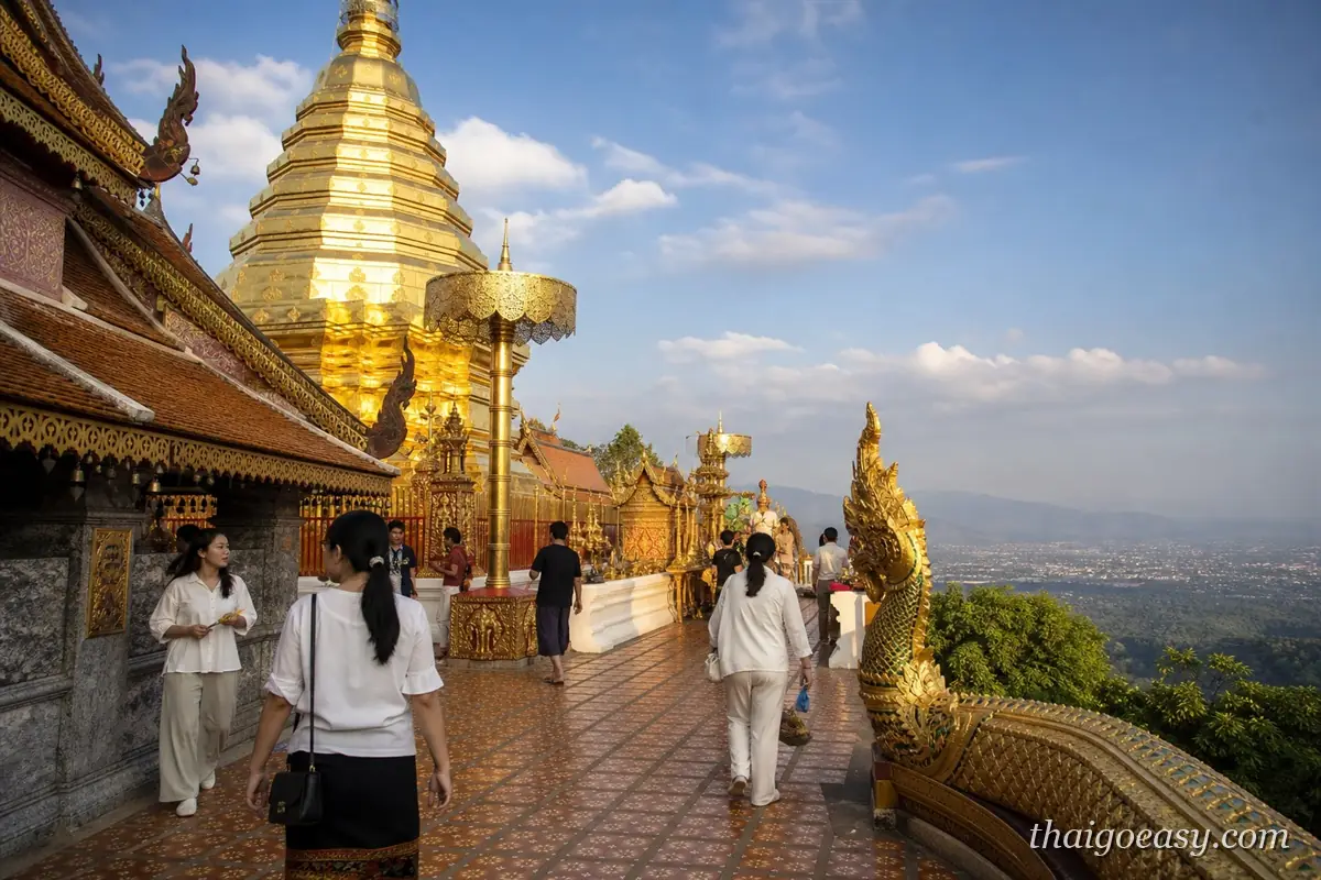素帖山雙龍寺平台，金色佛塔與金傘蓋在陽光下，遊客沿鋪磚步道走動，右側可俯瞰整座清邁市區