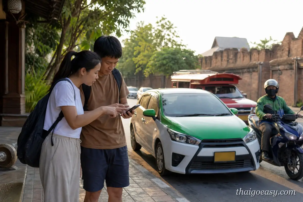 清邁古城牆邊的街道，一對旅客低頭用手機叫車，前方停著綠白色計程車，後方有紅色雙條車與機車騎士