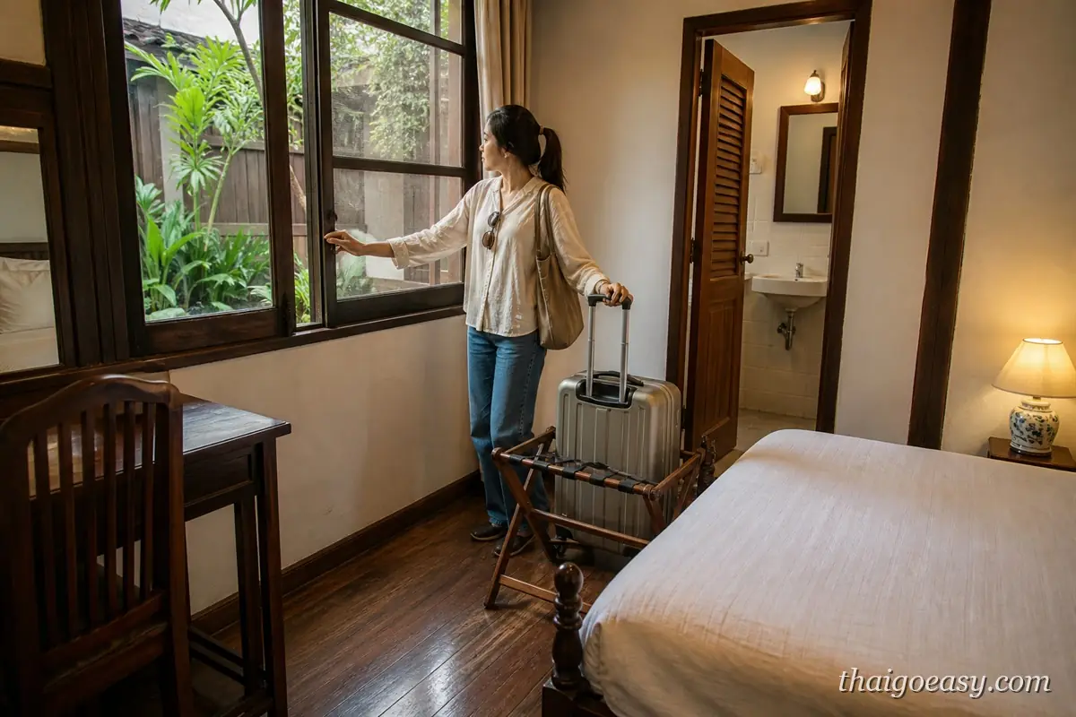 旅客在清邁柚木老宅旅店房間打開窗戶，房內有行李架與小浴室