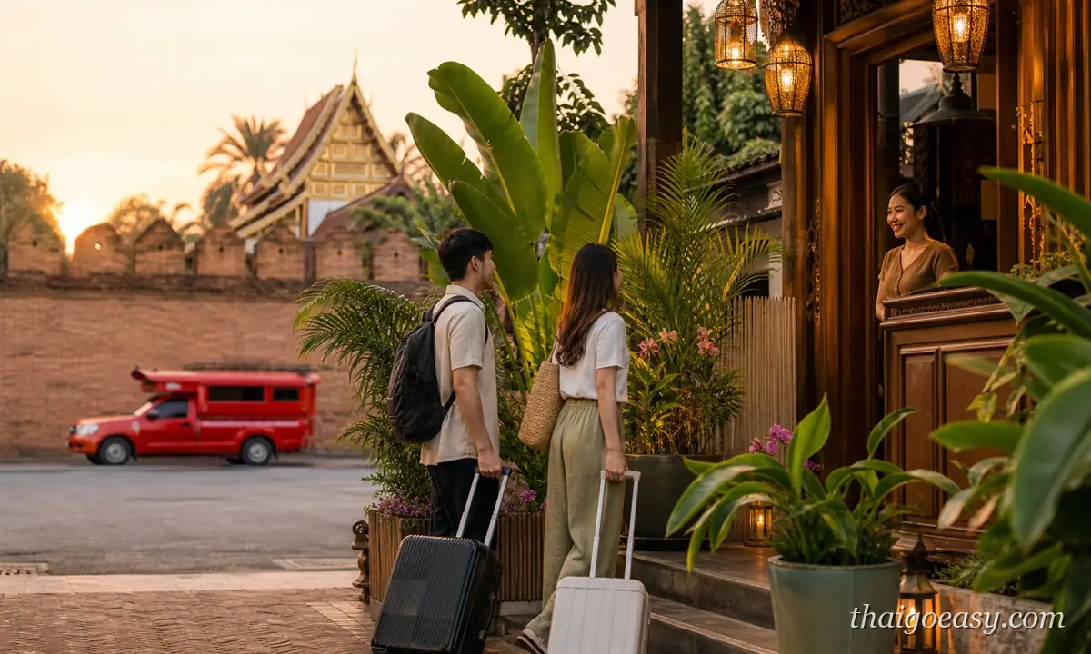 旅客拖行李抵達清邁古城旅店門口，櫃檯人員迎接，背景是古城牆與紅色雙條車
