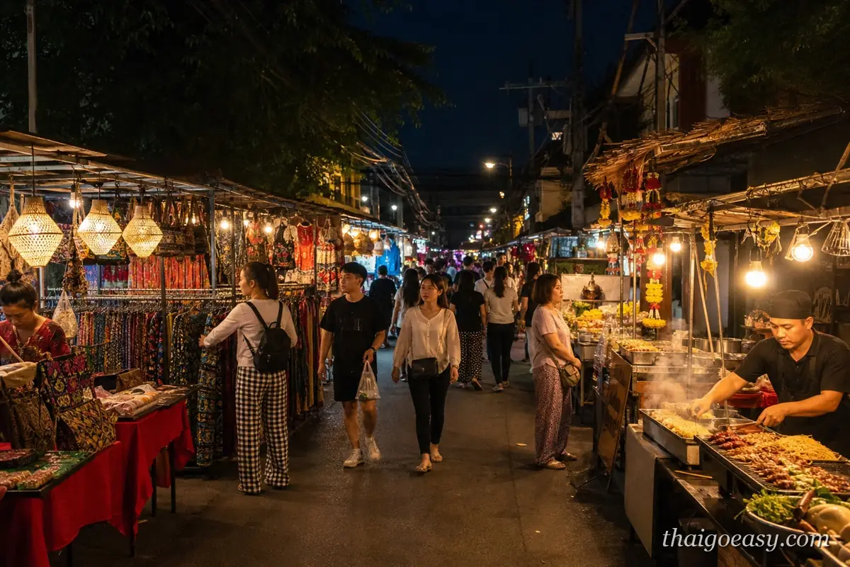 清邁夜市街道，兩側攤位掛著燈籠與泰式布飾，中央走道擠滿逛街人潮，右側攤主正在烤肉串