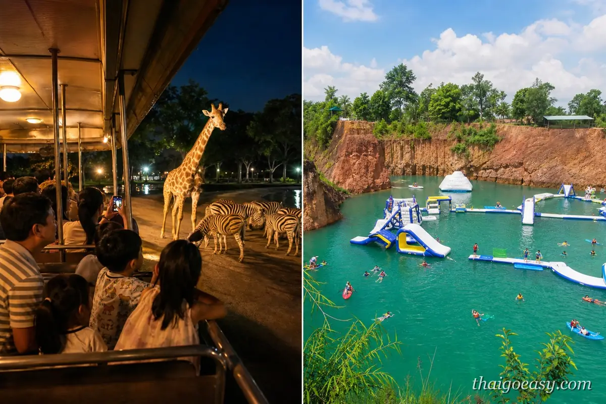 清邁夜間動物園的遊園車近距離看長頸鹿與斑馬，以及大峽谷水上樂園的採石場水域與充氣設施