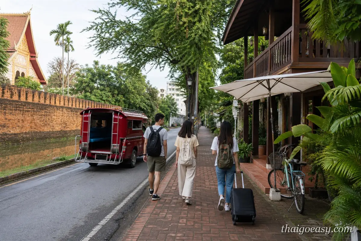 旅客拖行李走在清邁古城牆邊的人行道，紅色雙條車經過，右側是柚木老屋旅店