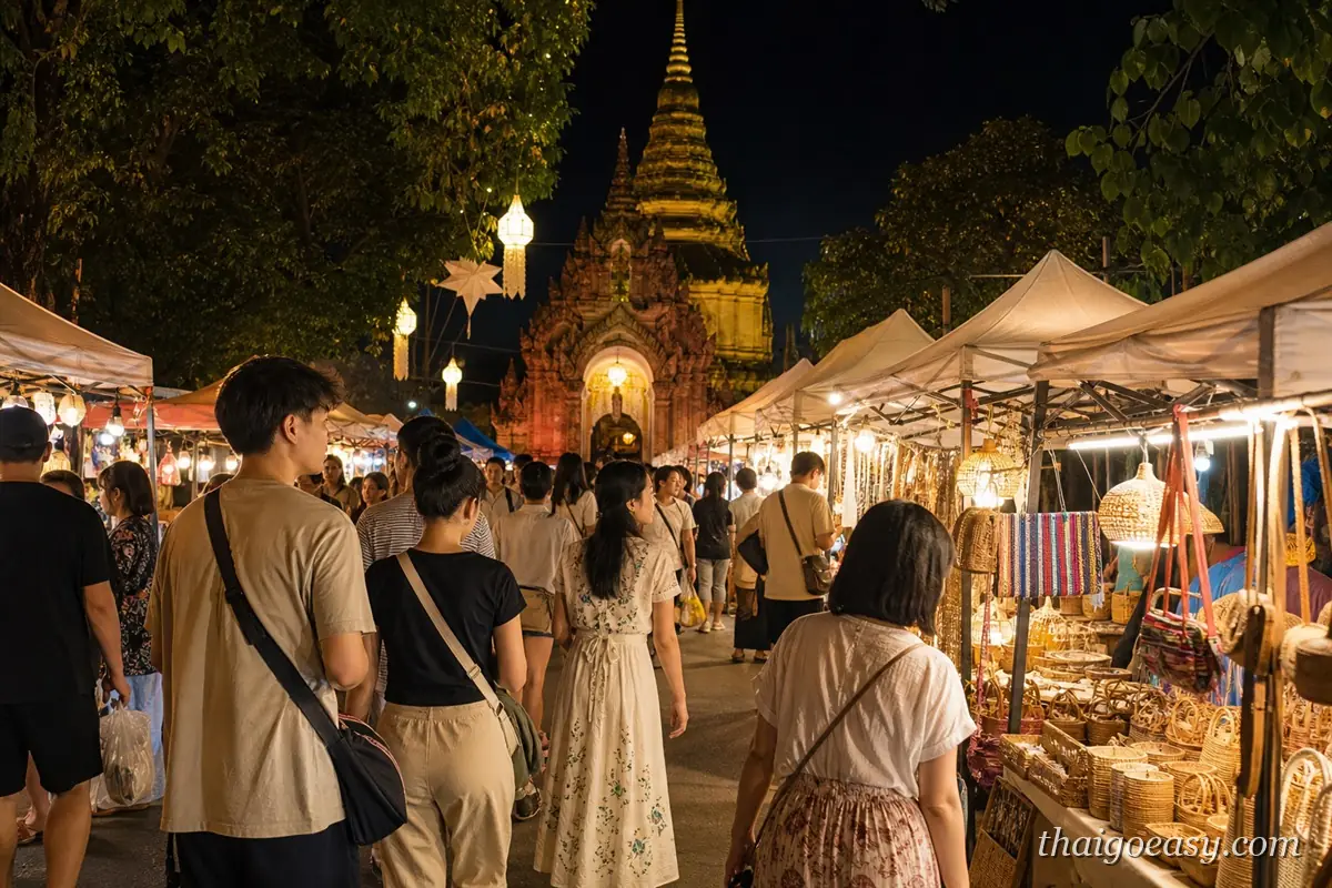 清邁週日夜市攤位與人潮，背景是亮燈的古城寺廟金塔