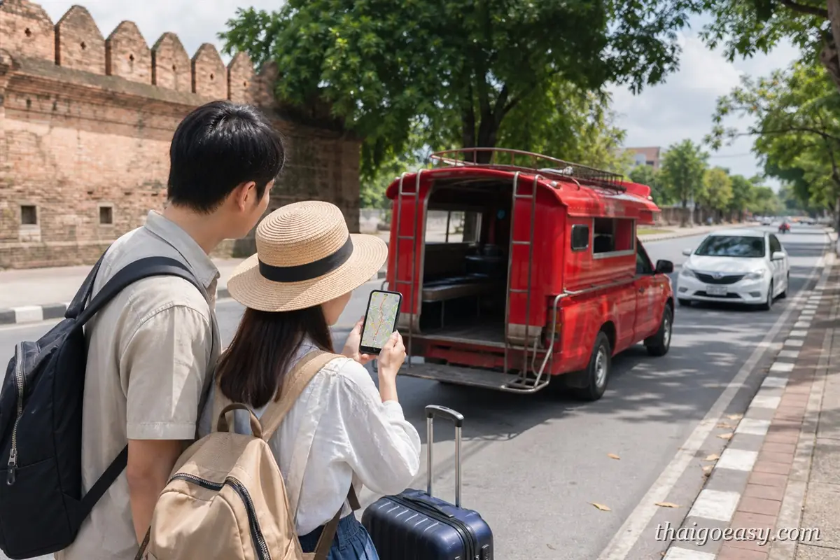 旅客拖行李在清邁古城牆邊用手機查地圖，紅色雙條車在路上行駛