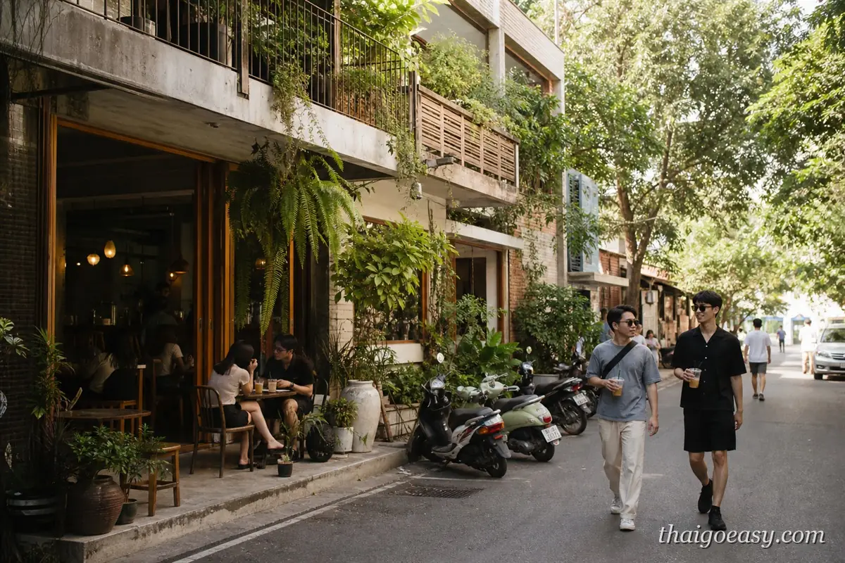 清邁尼曼路的獨立咖啡館街景,綠意植栽與騎車經過的旅客