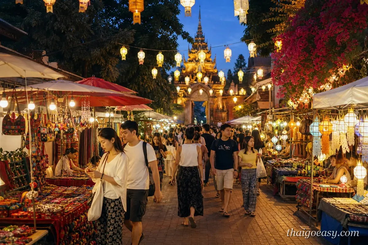 清邁週日夜市封街的燈籠與攤位人潮，背景是古城裡的寺廟山門