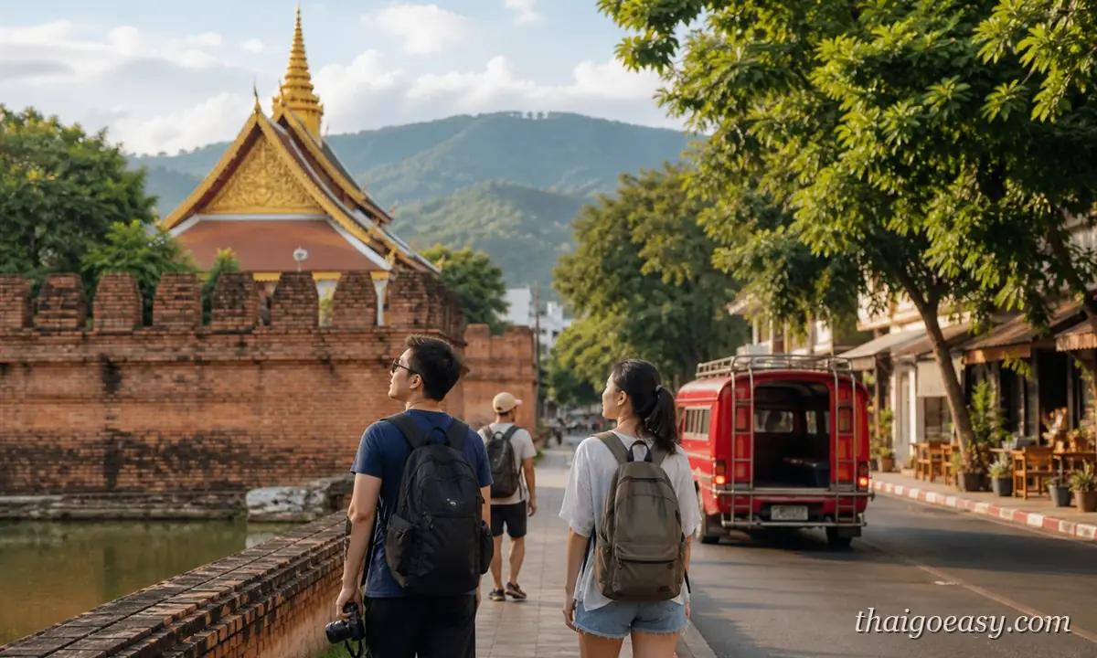 清邁自由行：兩名背包客走在古城牆與護城河旁，遠方是金頂寺廟與素帖山稜線，路邊停著紅色雙條車