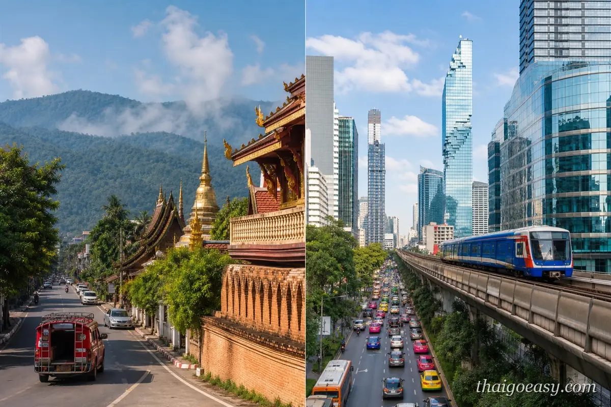 清邁與曼谷左右對照：左邊是古城牆邊的寺廟金塔、紅色雙條車與層層綠山，右邊是曼谷高樓群、高架 BTS 與塞車車陣