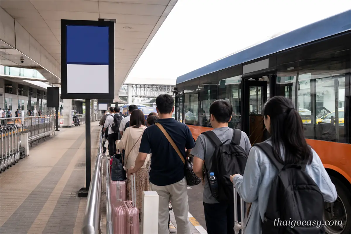廊曼機場旅客在機場巴士站排隊上車前往曼谷市區