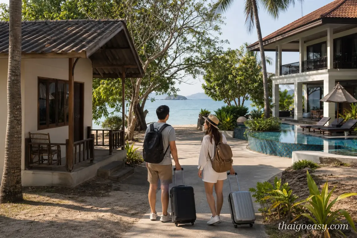 海邊度假村庭院，一對旅客拖著行李走向房間，旁邊是泳池與棕櫚樹