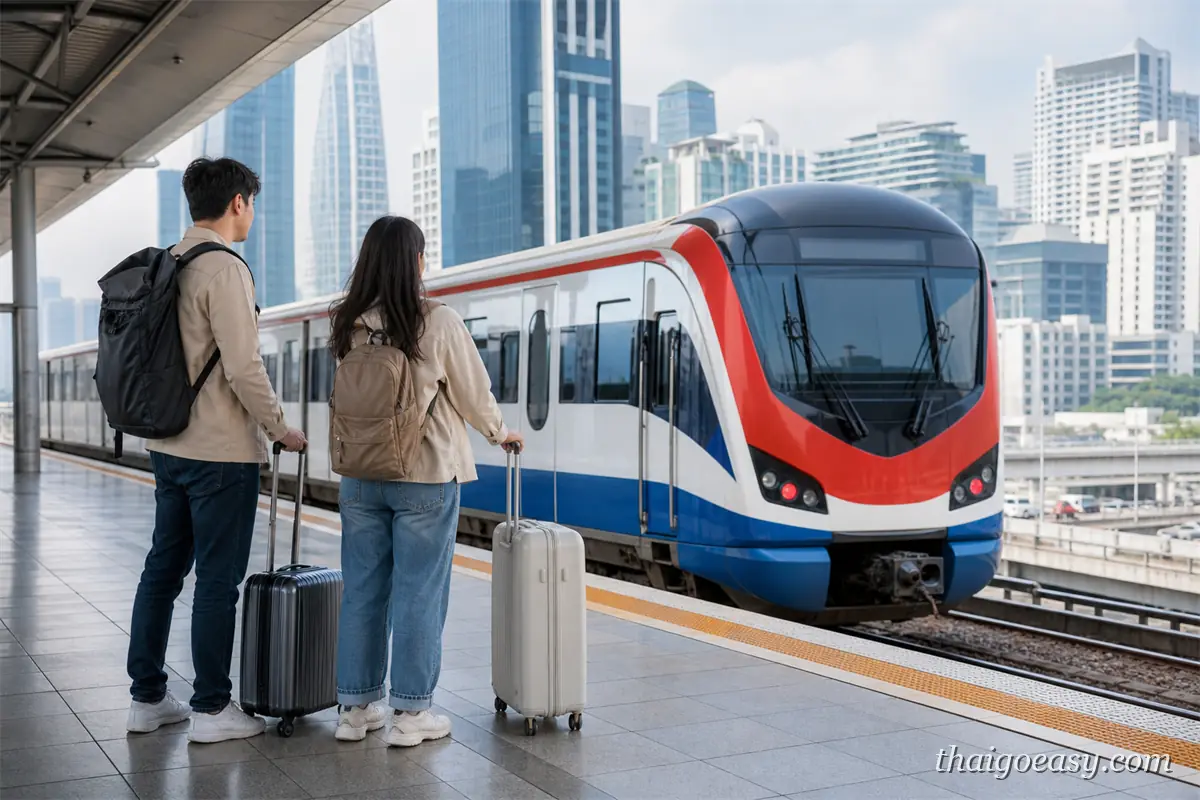素萬那普機場快線月台，旅客帶著行李等車