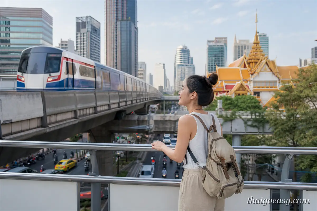 旅客站在曼谷空橋上眺望 BTS 列車、高樓與寺廟金頂並存的街景