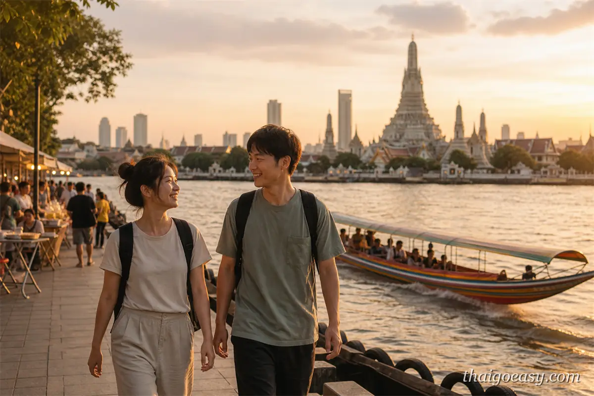 旅客在泰國寺廟前回望的背影，夕陽下的城市輪廓
