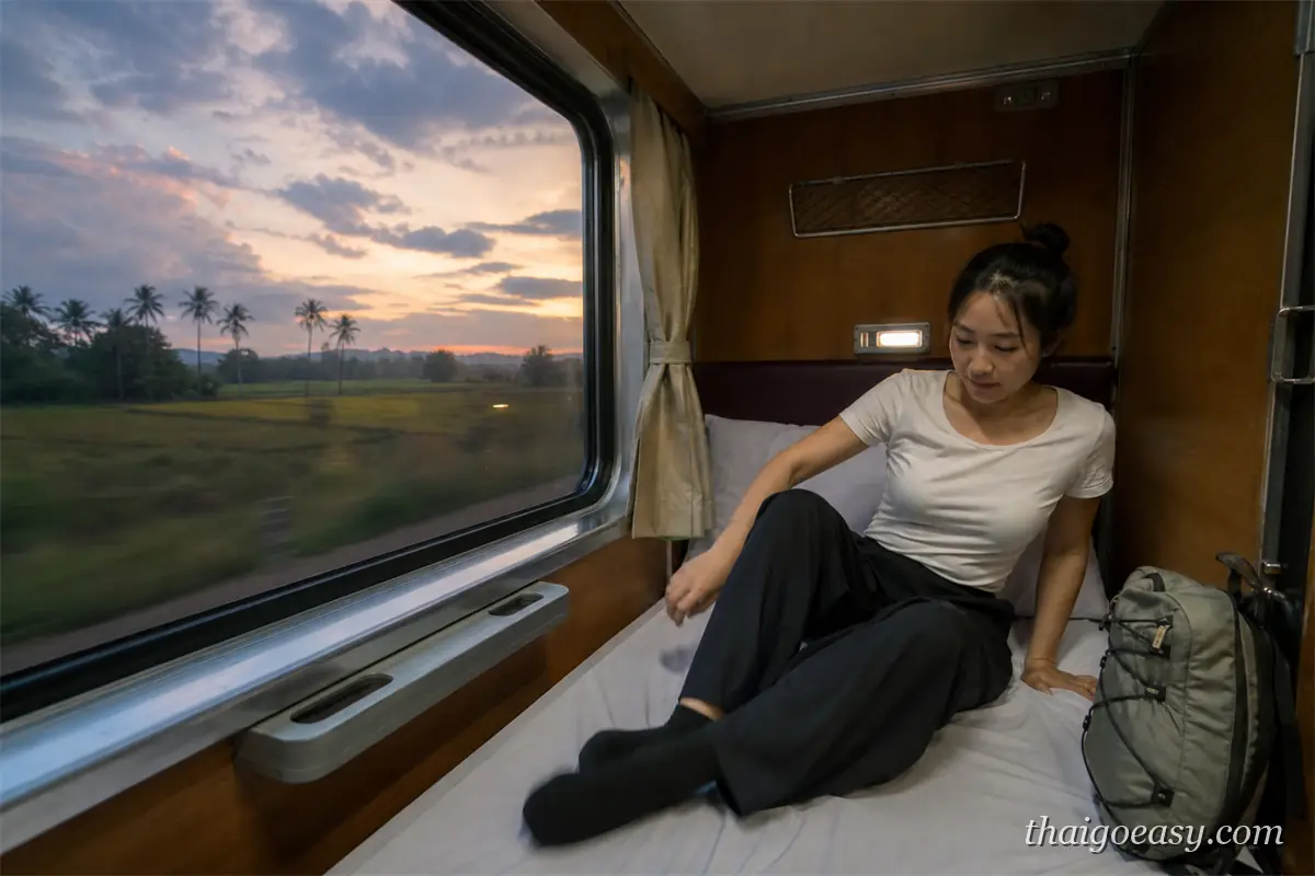 泰國夜鋪火車的臥鋪車廂與窗外夜色