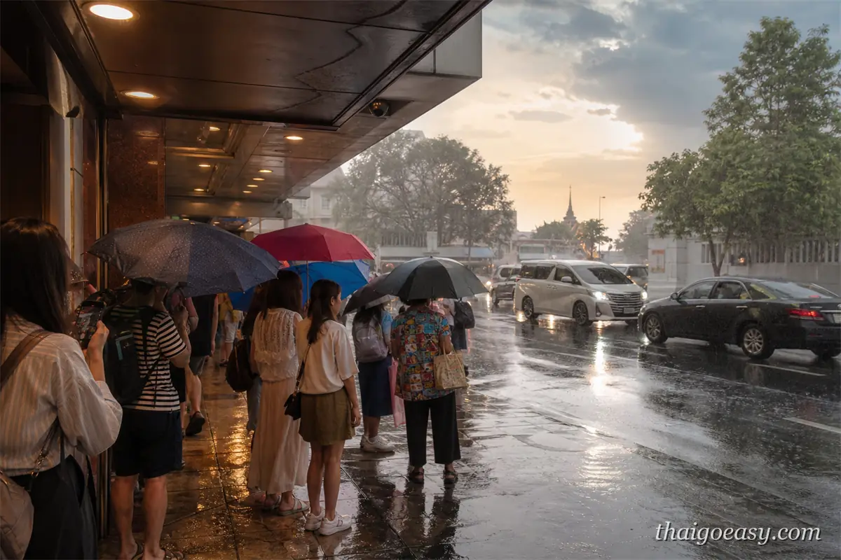 泰國雨季午後陣雨中的街道與撐傘的行人