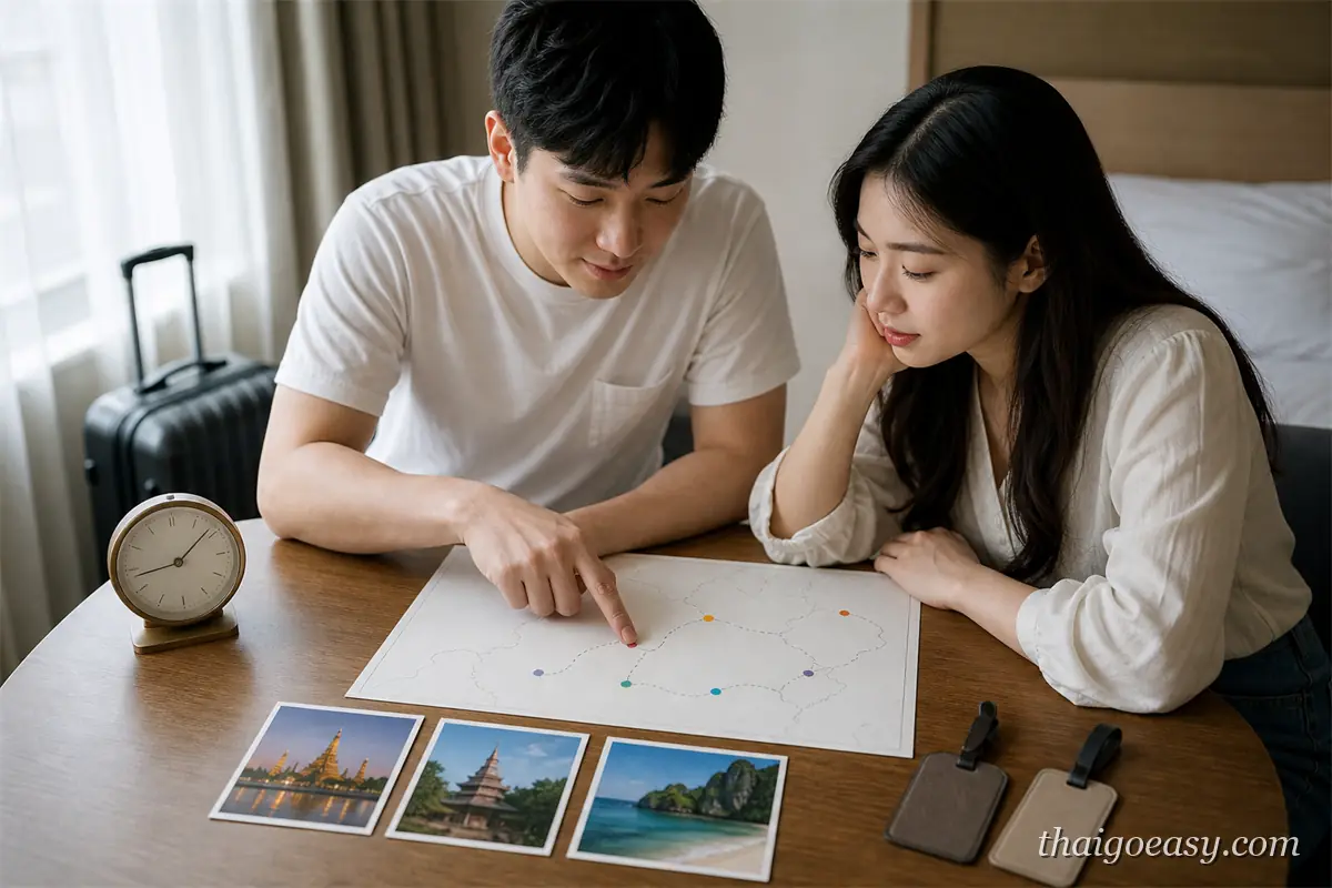 旅客在桌上用行事曆與筆記本規劃泰國旅行天數