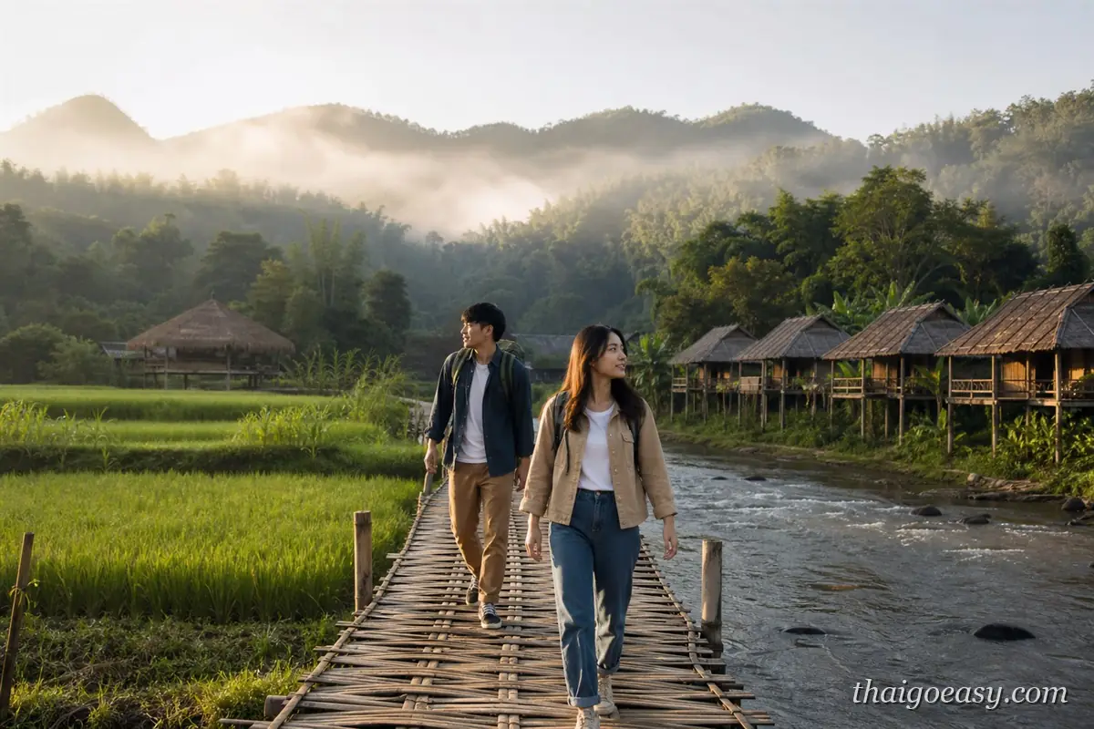 清晨的拜縣山谷，兩名旅客走在稻田間的竹橋上，背景是晨霧繚繞的群山與溪畔竹造民宿