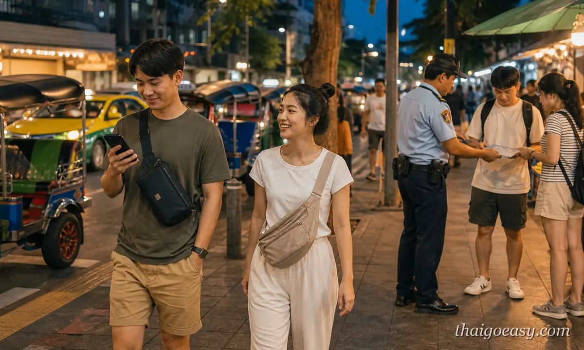 泰國旅遊安全情境：夜間曼谷街頭的旅客與值勤警察（精選圖片版）