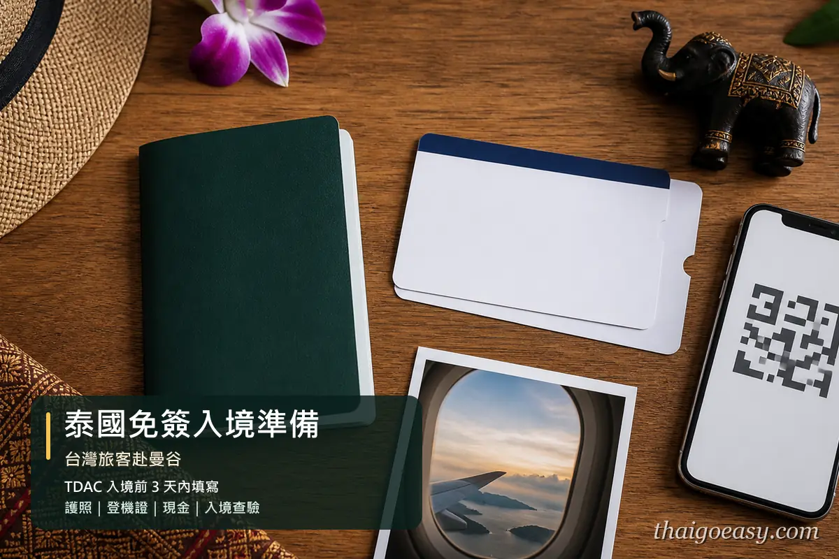 泰國免簽入境準備：台灣護照、飛曼谷登機證、手機 TDAC QR Code 與泰國大象擺飾平拍
